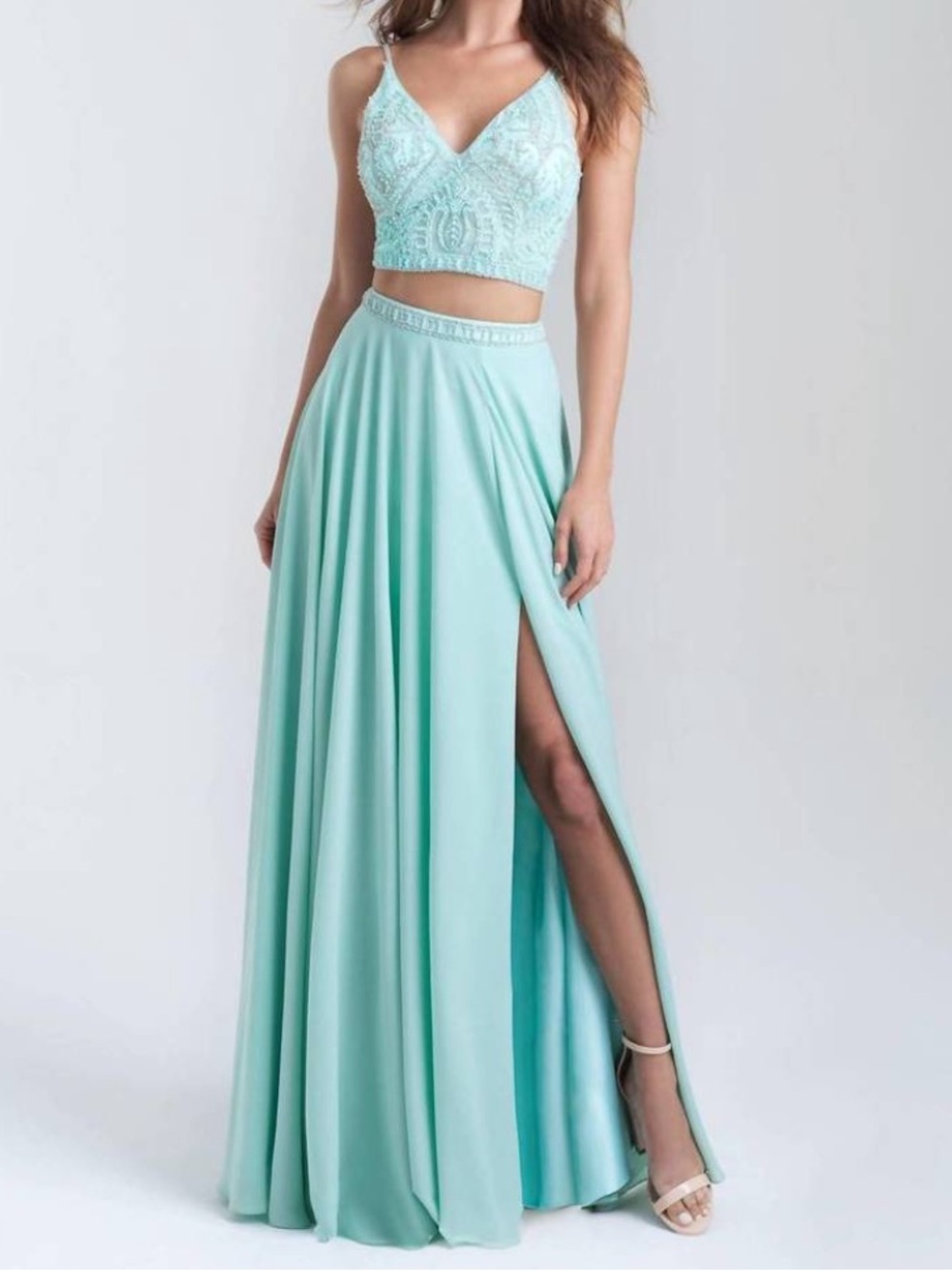 NEW MADISON JAMES sheer beaded formal prom crop top and skirt set in mint sz 12